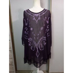 Original Anthony One Size Purple Embroidered Sheer Fringe Casual Occasion Cape